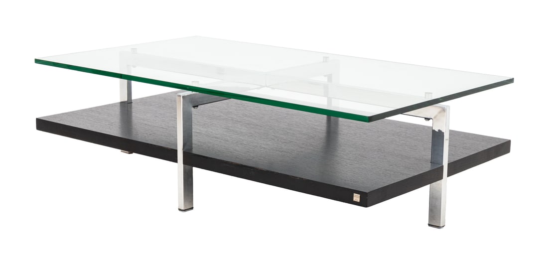 Pierre Vandel Glass Top Chrome Coffee Table: Pierre Vandel, Paris Glass Top Chrome and Ebonized Wood Coffee Table, label to base. 14" H x 47.25" W x 27.5" D. Provenance: Antiqueria Tribeca, New York, 03 April 2009. From an East 78th Street, New