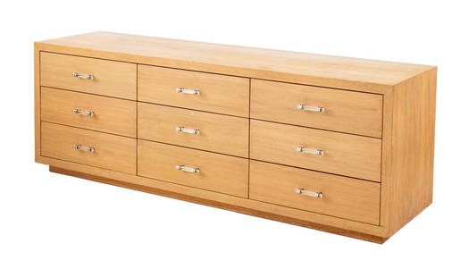 Modern White Oak Chest of Drawers: Modern White Oak Chest of Nine Drawers, with clear acrylic pulls. 26" H x 74" W x 21.5" D. Provenance: From an East 78th Street, New York Estate. Keywords: Contemporary Furniture, Dresser, Commode, Ch