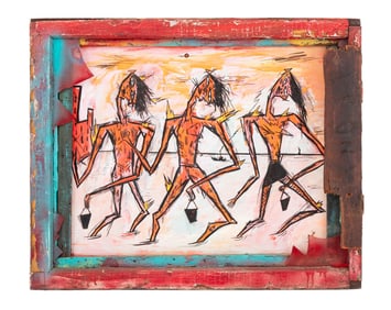 Rick Prol 3 Muses Acrylic on Paper & Window Frame