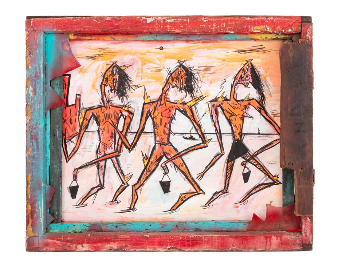 Rick Prol 3 Muses Acrylic on Paper & Window Frame: Rick Prol (American, b. 1958), Three Muses, Acrylic on Paper and Window Frame, 1986, signed and dated lower left and to verso. Overall: 28.25" H x 34" W x 4.5" D. Provenance: From an East Village and