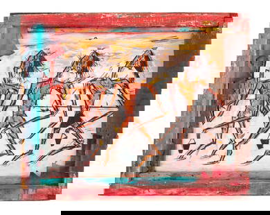 Rick Prol 3 Muses Acrylic on Paper & Window Frame: Rick Prol (American, b. 1958), Three Muses, Acrylic on Paper and Window Frame, 1986, signed and dated lower left and to verso. Overall: 28.25" H x 34" W x 4.5" D. Provenance: From an East Village and