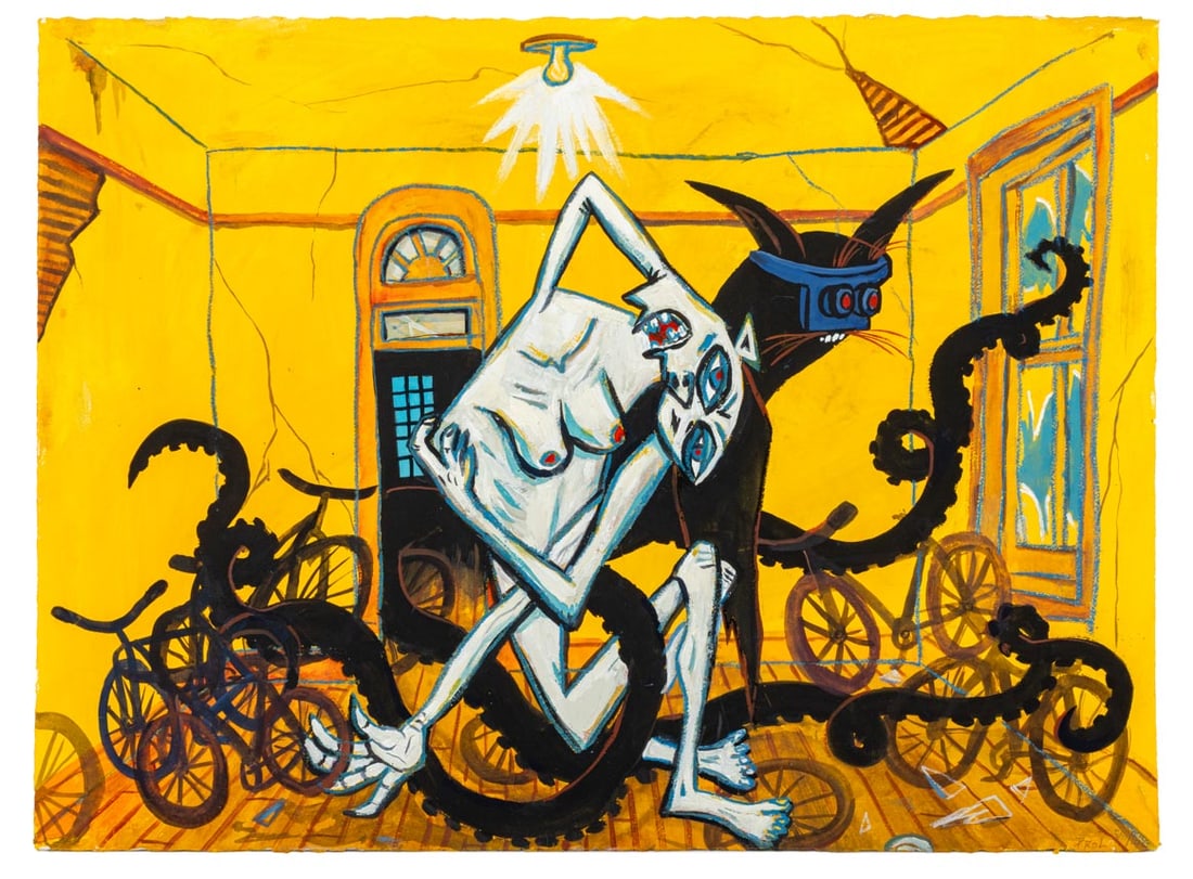 Rick Prol Untitled Mixed Media on Paper, 2014: Rick Prol (American, b. 1958), Untitled (Figural Interior Scene), Mixed Media on Paper, 11 May 2014, signed and dated in pencil lower right and to verso, unframed. Sheet: 22.5" H x 30" W. Provenance: