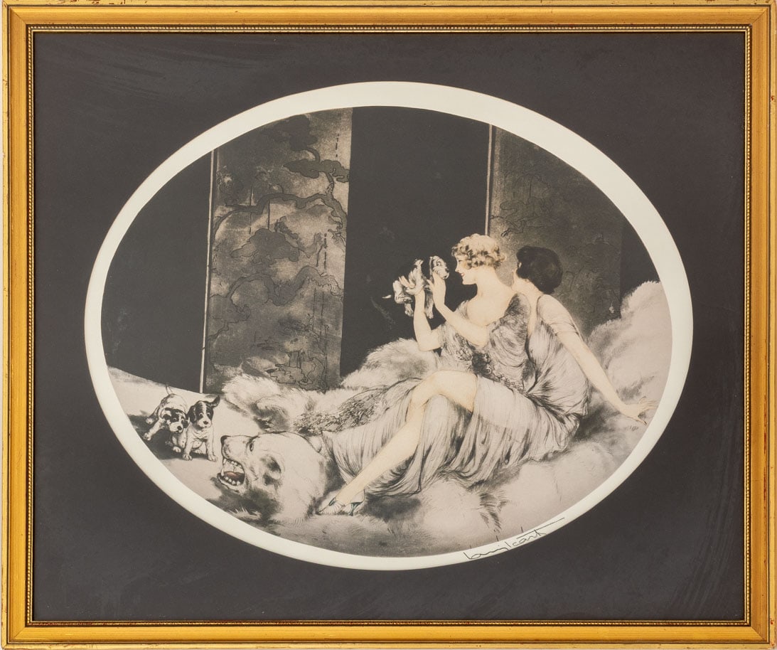 Louis Icart "Women with Puppies" Lithograph: Louis Icart (French, 1888-1950), "Women with Puppies", Lithograph in Colors, signed in plate lower right, giltwood frame. Image: 15" H x 19" W; frame: 21.5" H x 25.5" W. Provenance: From an East 63rd