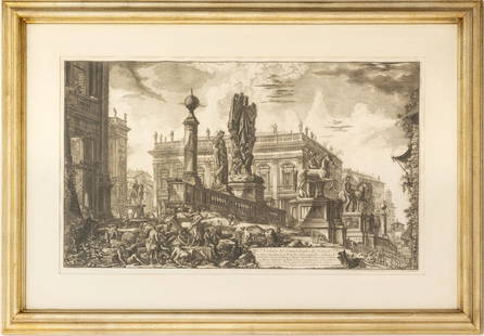 Giovanni Piranesi "Venduta del Campidoglio" Etchin: Giovanni Battista Piranesi (Italian, 1720-1778), "Venduta del Campidoglio di Fianco", Etching on Laid Paper, Christopher Mendez, London label to verso, ebonized and silver frame. Image: 16.25" H x 26.