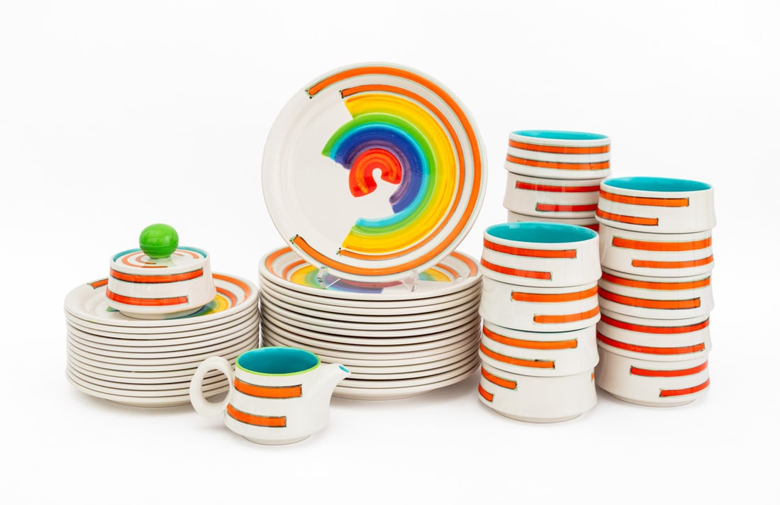 Mancer x Ceramar Rainbow Ceramic Service, 45: Mancer for Ceramar Italian Rainbow Ceramic Service, hand-painted by Mancioli & Co., comprising: (15) fifteen dinner plates, (13) thirteen side plates, (15) fifteen bowls, (1) one creamer and (1) one l