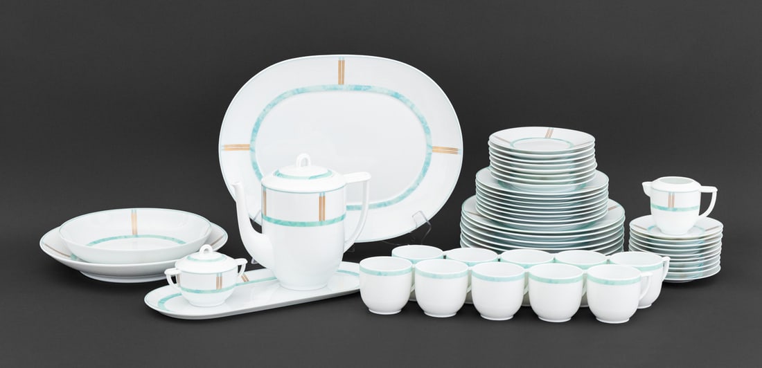 Bernardaud Limoges Porcelain Dinner Service, 51: Bernardaud Limoges Porcelain Partial Dinner Service, in the "Paestum" pattern, marked "Bernardaud / Limoges / France / Paestum / Antique reflet du bronze / sur l'immuable archtiecture" to undersides a