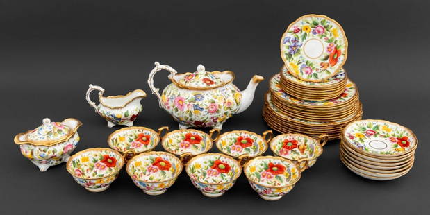 Hammersley & Co. Porcelain Tea Service, 42 Pcs.: Hammersley and Company Porcelain Tea Service Set, in the "Queen Anne" pattern, retailed for Ovington Brothers, comprising: teapot, creamer, covered sugar, (8) eight teacups, (8) eight saucers, (8) eig