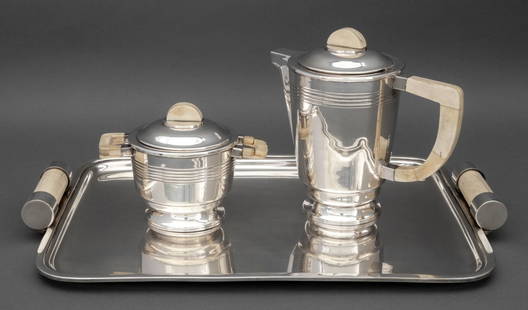 Ralph Lauren Chrome-Plated Tea Set, 3 Pcs.: Ralph Lauren Silver Plate Three-Piece Tea Set, comprising: teapot, covered two-handled sugar, and rectangular tray, with ivorine handles and knops, each marked "Ralph Lauren" to the underside. Tray: 1