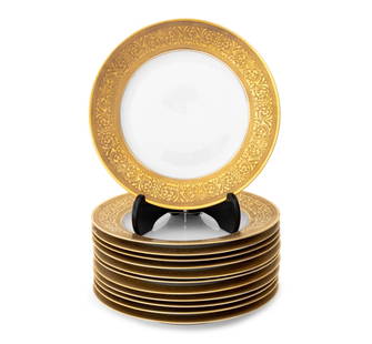 Thomas Porcelain Gilt Cisele Dinner Plates, 12: Set of Twelve Thomas Bavarian Porcelain Gilt Cisele Dinner Plates, each with green underglaze mark. 10.75" Diameter. Provenance: From a New York City Collection. Keywords: Designer, German porcelain,
