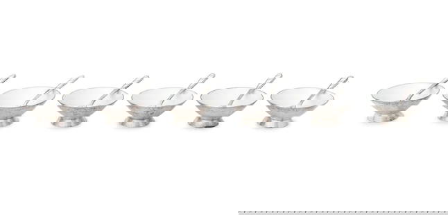 Egon Lauridsen Guilloche Silver Salt Cellar Set: Egon Lauridsen Guilloche Enamel and Sterling Silver Salt Cellar Set for 6, (6) spoons and (6) cellars, marked "Ela Denmark Sterling 925S". 12 pieces total. Weight: 4.68 ozt. inclusive; cellar: 1" H x