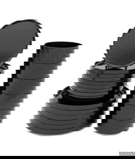 Massimo Vignelli for Heller Plastic Tableware Set: Massimo Vignelli for Heller Black Plastic Stacking Tableware Set, comprising: (6) six dinner plates, (10) ten salad plates, and (6) soup bowls, each marked "Heller Design By Massimo Vingelli" to the u