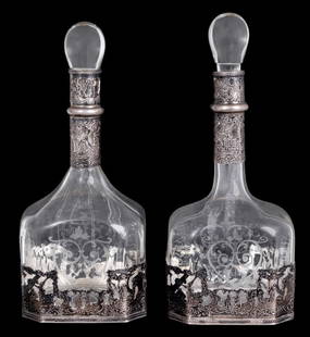 Dutch Silver Mounted Etched Glass Decanters, Pair: Pair of Dutch 835 Silver Mounted Etched Glass Decanters, early 20th century, with glass bulb stoppers, etched vine decoration, silver mounts with pastoral village scenes, struck with Dutch Silver II l