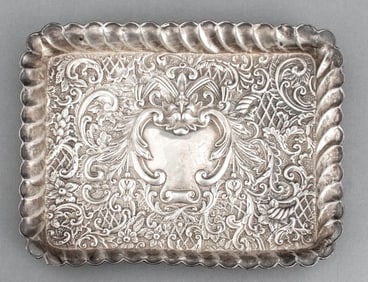 Floral Motif Repousse Decorated Silver Card Tray