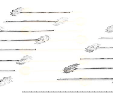 Mexican Sterling Silver Iced Tea Spoon Straws, 8: Group of Eight Mexican Sterling Silver Iced Tea Spoon Straws, leaf motif spoon, marked "Mexico / sterling" to reverses. Weight: 1.82 ozt.; 8" L x 1" W. Provenance: From a New York City Collection. Key