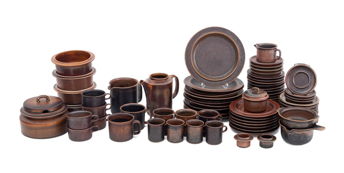 Arabia Ruska Stoneware Dinner Service Set, 72 Pcs.: Arabia Ruska Stoneware Dinner Service Set, designed by Ulla Procope, comprising: (9) nine dinner plates, (7) seven salad plates, (8) eight bread and butter plates, (5) five soup bowls, (1) one two-han