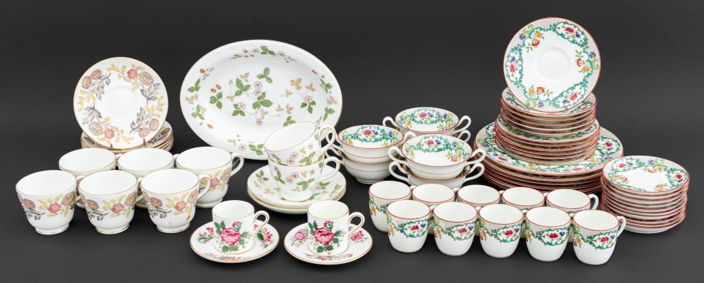 Wedgwood, Etc. Porcelain Dinnerware Sets, 65 Pcs.: Collection of English Porcelain Partial Dinnerware Sets, comprising: Wedgwood in "Wild Strawberry" pattern, (2) two teacups, (2) two saucers, and (1) one oval serving tray, marked, Wedgwood in "Charnw