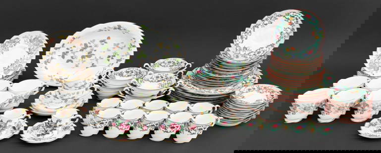 Wedgwood, Etc. Porcelain Dinnerware Sets, 65 Pcs.: Collection of English Porcelain Partial Dinnerware Sets, comprising: Wedgwood in "Wild Strawberry" pattern, (2) two teacups, (2) two saucers, and (1) one oval serving tray, marked, Wedgwood in "Charnw