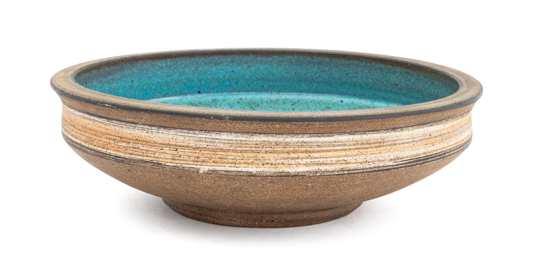 Louis Mendez Art Pottery Bowl: Four Louis Mendez (American, 1929-2012) Art Pottery Bowl, the interior with turquoise blue glaze, the exterior with sgraffito border, signed "MENDEZ" to underside. 3.25" H x 10.75" Diameter. Provenanc