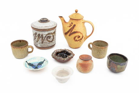 Louis Mendez Stoneware Tableware Articles, 9: Louis Mendez (American, 1929-2012) Group of Nine Stoneware Tableware Articles, comprising: one pitcher, one large lidded vessel, one small lidded vessel unsigned, two teacups with handle, one teacup w