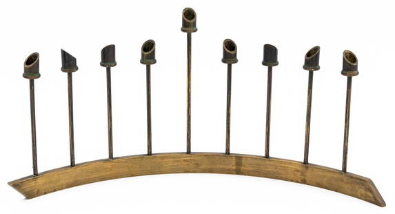 Bruce R. MacDonald Patinated Metal Menorah: Bruce R. MacDonald (American, XX-XXI) Patinated Metal Menorah, 1995, with bronzed finish, signed "BRM" and dated to the underside. 6" H x 12.75" W x 3.25" D. Provenance: From a New York City Collectio