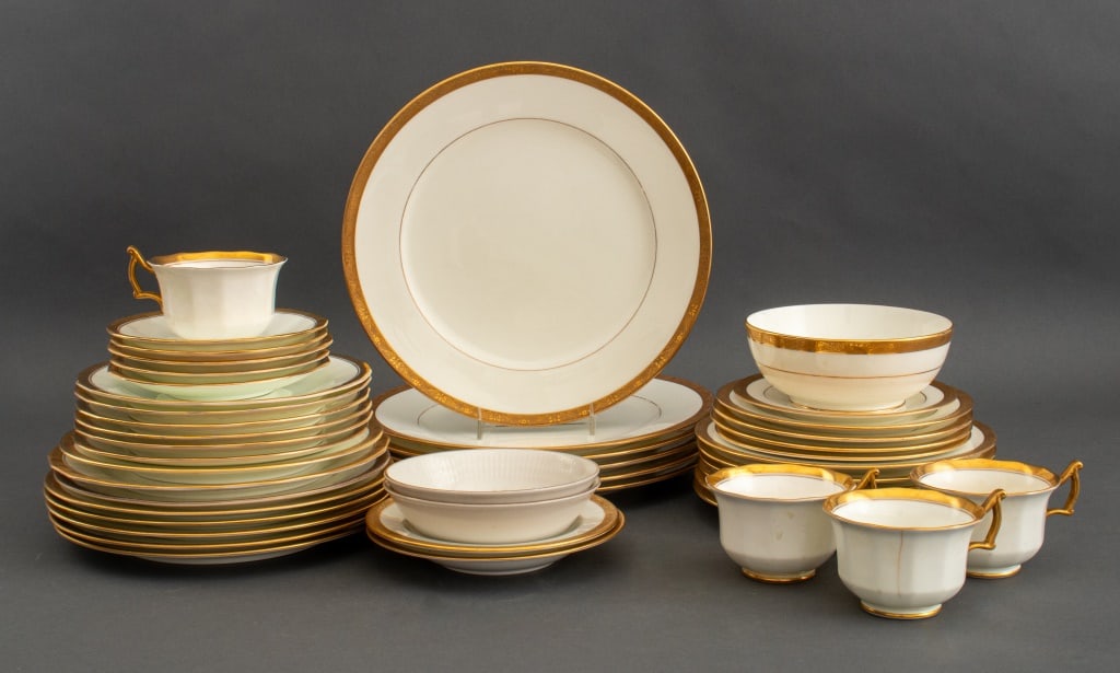 Royal Cauldon Porcelain Service, 43 Pcs.: Royal Cauldon Porcelain Assembled Service, in the "Tea Leaf" and "4419" patterns, comprising: (6) six salad plates, (4) four tea cups, and (5) five underplates, each marked in red "Cauldon / Stoke on