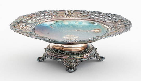 Tiffany & Co. Makers Silver Plate Footed Bowl: Tiffany and Company Makers Silver Plate Footed Bowl, with pierced and floral repousse rim on circular base with four scroll feet, monogrammed "ABL" to the center, marked "Tiffany & Co. / Makers / 2706