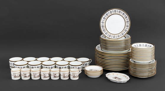 Richard Ginori Porcelain Harlequin Set, 70 Pcs.: Collection of Richard Ginori Porcelain Harlequin Service Set, comprising: (12) twelve dinner plates, (11) eleven dessert plates, (12) twelve bread and butter plates, (11) eleven coffee cups, and (11)
