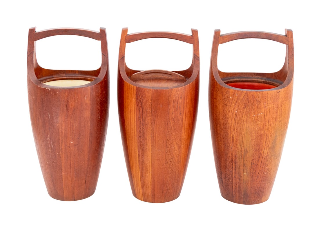 Jens Quistgaard x Dansk Teak Wine Coolers, 3: Group of Three Jens Quistgaard for Dansk Designs Teak Wine Coolers, one covered, all marked. 19.25" H x 9.5" Diameter. Provenance: From a New York City Area Collection. Keywords: Danish Modern, Denmar