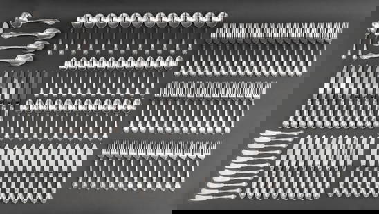 Gorham Silver Plate Dinner Service, 128 Pcs.: Gorham Silver Plate Dinner Service, in the "New Elegance" pattern, comprising: (12) twelve dinner knives, (16) sixteen dinner forks, (10) ten luncheon knives, (13) thirteen luncheon forks, (12) twelve