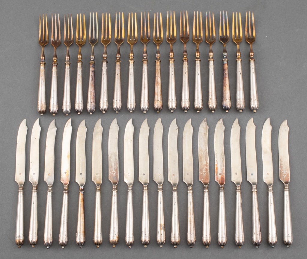 Arthur Krupp Berndorf Silver Plate Fish Service: Arthur Krupp Berndorf Silver Plate Part Fish Service, with 17 gilt washed three-tine fish forks, and 18 knives, in fitted box. 35 pieces total. Knife: 7.75" L x 0.75 W. Provenance: From a New York Cit