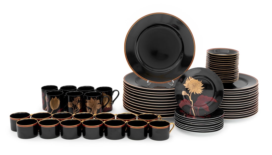 Fitz and Floyd Harlequin Dinnerware Set, 71 Pcs.: Fitz and Floyd Harlequin Dinnerware Set, in the "Hattori" and "Imperial Garden" patterns, each marked with pattern name and "Fitz and Floyd, Inc. / c MCMLXXIX Japan" to underside, comprising: in "Hatt