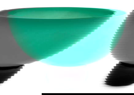 Guggisberg & Baldwin "Nonfoux" Art Glass Bowl: Monica Guggisberg (Swiss, b. 1955) and Philip Baldwin (American, b. 1947) "Nonfoux" Art Glass Bowl, 1991, with opaque green glass bowl atop purple glass foot, marked "BG Nonfoux 91" to underside. 6.5"