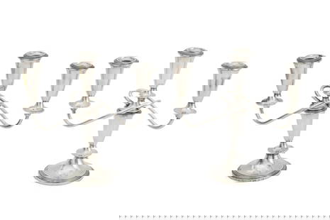 Fisher Weighted Sterling 3-Branch Candelabra, Pair: Pair of Fisher SIlversmiths Inc. Weighted Sterling Silver Three-Branch Candelabra, each standing on a stepped circular base and marked on the reverse. Each 11.25" H x 11" W. Provenance: From a New Yor