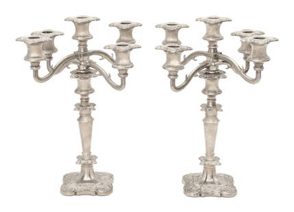 Victorian Silver Plate 5-Light Candelabra, Pair: Pair of Victorian Silver Plate Five-Light Candelabra, late 19th century, four branches and grapevine decoration on shaped bases. 14.25" H x 11" W x 11.25" D. Provenance: From a New York City Collectio