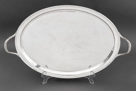English Silver Plate Oval Handled Tray: English Silver Plate Oval Serving Tray, by Barker Brothers, Birmingham, with a rounded molded border and ribbed handles, marked on the reverse. 25" L x 16" W. Provenance: From an Upper East Side Townh