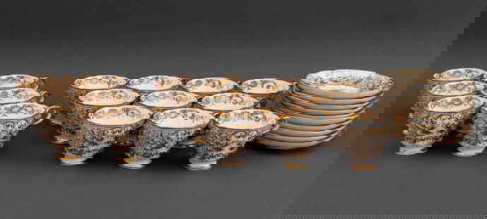 English Gilt Porcelain Tea Service, 26 Pcs.: English Gilt Porcelain Tea Service, comprising: ten (10) coffee cups, six (6) teacups, and ten (10) saucers, some with red ink "9325" marks to undersides. 26 pieces total. Coffee cup: 2.75" H x 4.5" W