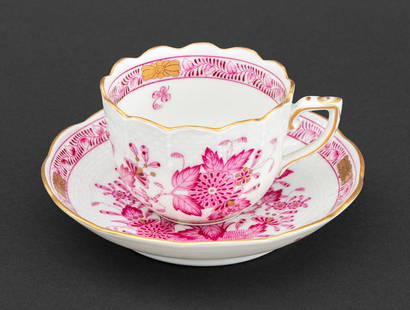 Herend "Chinese Bouquet" Porcelain Teacup & Saucer: Herend "Chinese Bouquet Raspberry" Pattern Porcelain Tea Cup and Saucer, each marked "Herend Hungary / Handpainted / 711" to underside. Saucer: 4.5" Diameter x 1" H. Provenance: From a New York City C