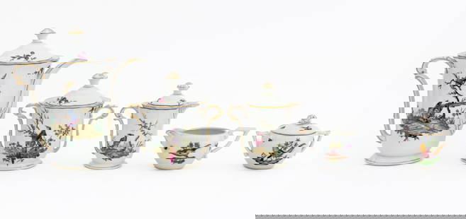 Herend, Etc. Porcelain Coffee Service, 5 Pcs.: European Porcelain Assembled Coffee Service, comprising: L. Bernardaud & Co. Limoges "Sceaux" pattern, coffee pot, covered two-handled sugar and covered creamer with gilt trim, each marked to undersid