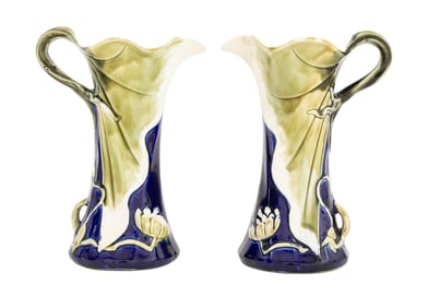 Art Nouveau Majolica Lotus Motif Pitchers, Pair