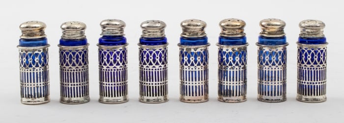 Silver Plate Cobalt Glass Salt & Pepper Shakers, 8