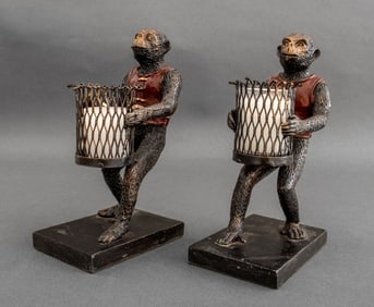 Maitland Smith Attr. Monkey Candleholders, Pair