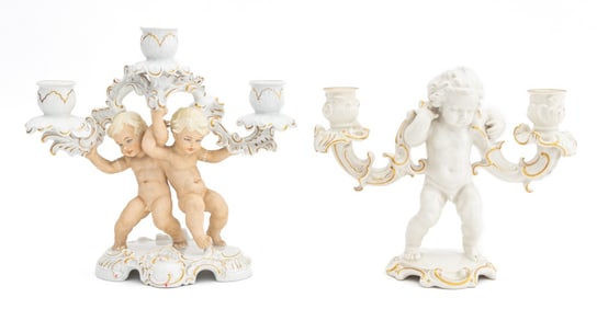 German Porcelain Cherub Motif Candelabra, 2