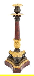 French Empire Style Gilt Bronze Candlestick: French Empire Style Gilt Bronze Candlestick, with brecciated red marble column with three paw feet, mounted on bronze and red marble base. 12.75" H x 4.25" W x 4.75" D. Provenance: From a Park Avenue