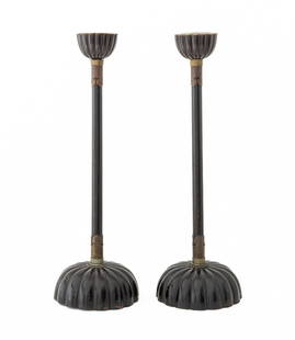 Japanese Lacquered Candle Stands, Pair: Pair of Japanese Lacquered Wood Candle Stands, 19th century, with brass mountings and fluted bases and tops. 27" H x 8.75" Diameter. Provenance: From an East 80th Street, New York City Estate. Keyword