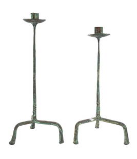 Giacometti Style Patinated Metal Candlesticks, 2: Two Graduated Giacometti Style Verdigris Patinated Metal Candlesticks. Taller: 7.25" H x 7" W x 7.75" D. Provenance: From a Chelsea, New York City Estate. Keywords: Lighting, Modern design, Candlehold
