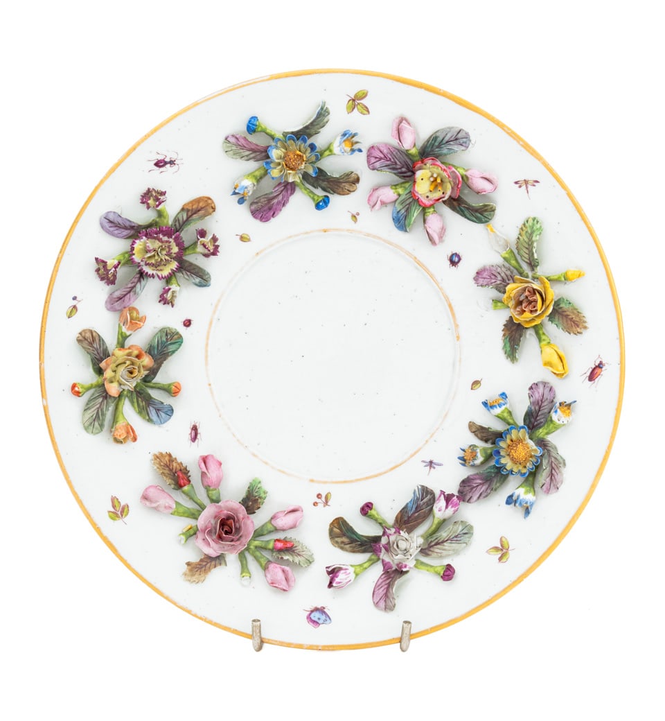 Choisy Le Roi Porcelain Plate, 19th C.: Choisy Le Roi Porcelain Plate, 19th century, with painted and applied flowers to the rim and hand-painted insects, cobalt blue mark to the underside. 9" Diameter. Provenance: The Upper East Side Estat
