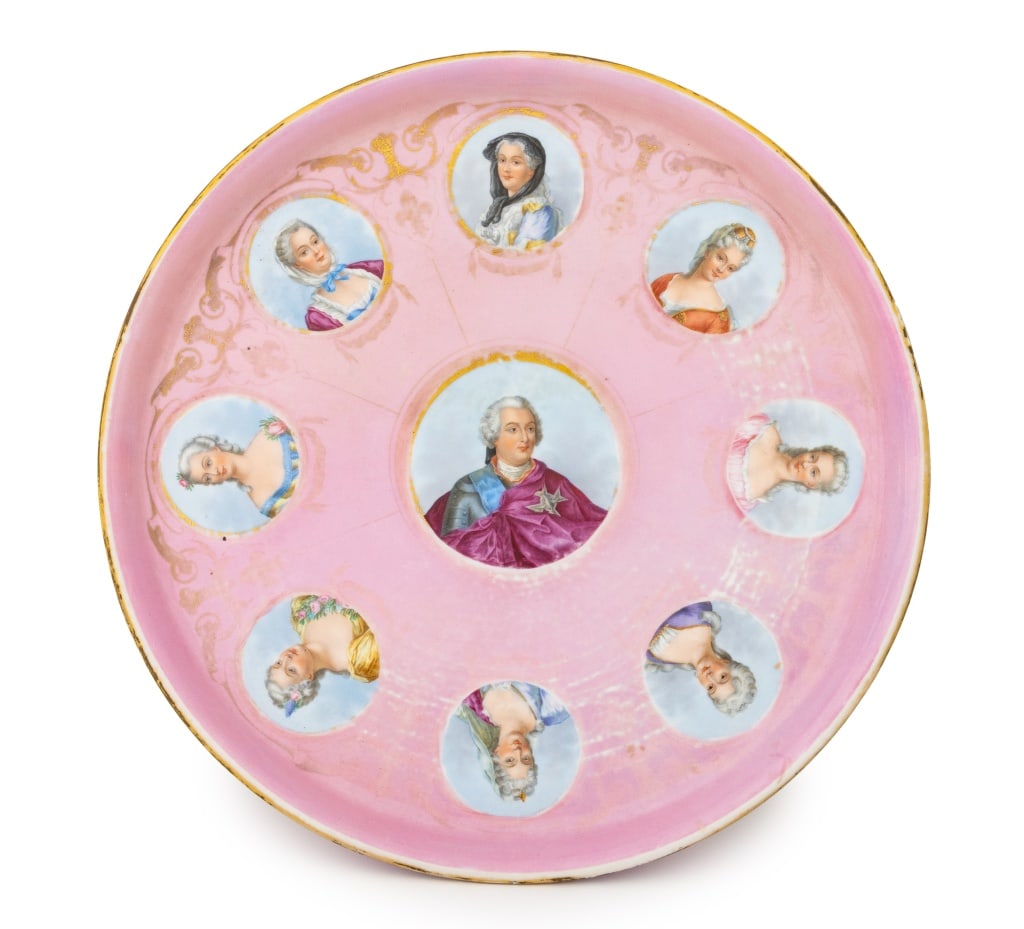 Sevres Louis XVI Portrait Porcelain Charger: Sevres Louis XVI and Court Ladies Portrait Porcelain Charger, with hand-painted medallions of the king and women including Marie Antoinette, Louise, Angouleme, the Duchesses of Berry and Montesson, bl
