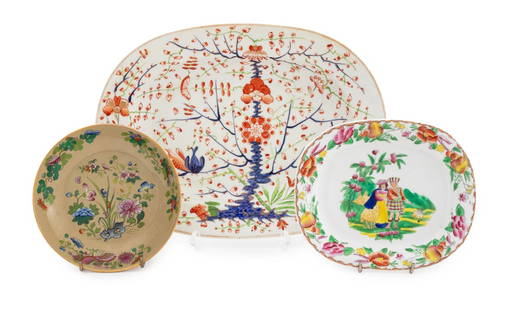 English Ceramic Articles, 3: Group of Three English Ceramic Articles, 19th century, comprising: a Wedgwood dish hand-painted with Chinoiserie floral design, impressed "Wedgwood" mark to underside, a small Staffordshire plate deco