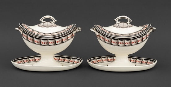 English Spode Creamware Sauce Boats, Pair