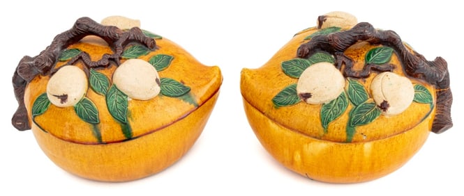 Chinese Peach Form Covered Tureens, Pair
